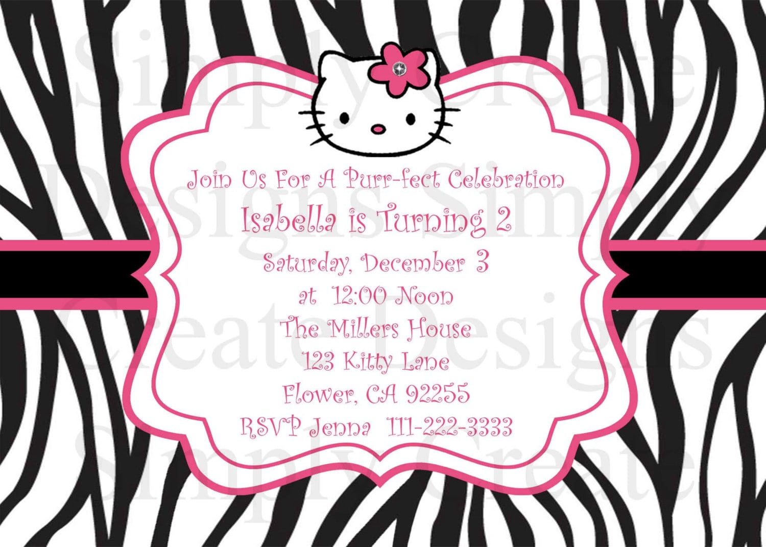 Hello Kitty Zebra Birthday Invitations