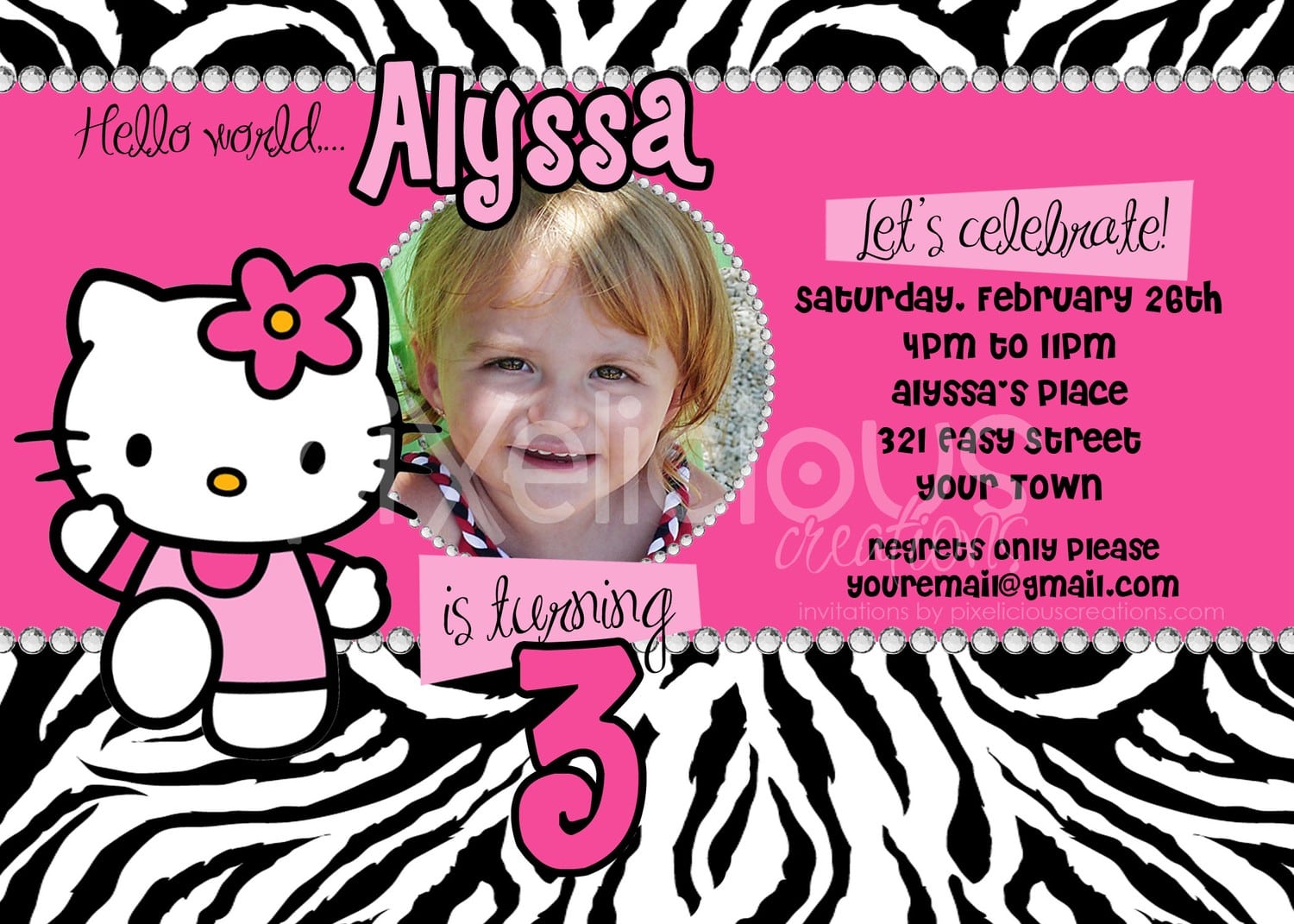 Hello Kitty Zebra Print Invitations