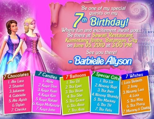 barbie invitation 7th birthday